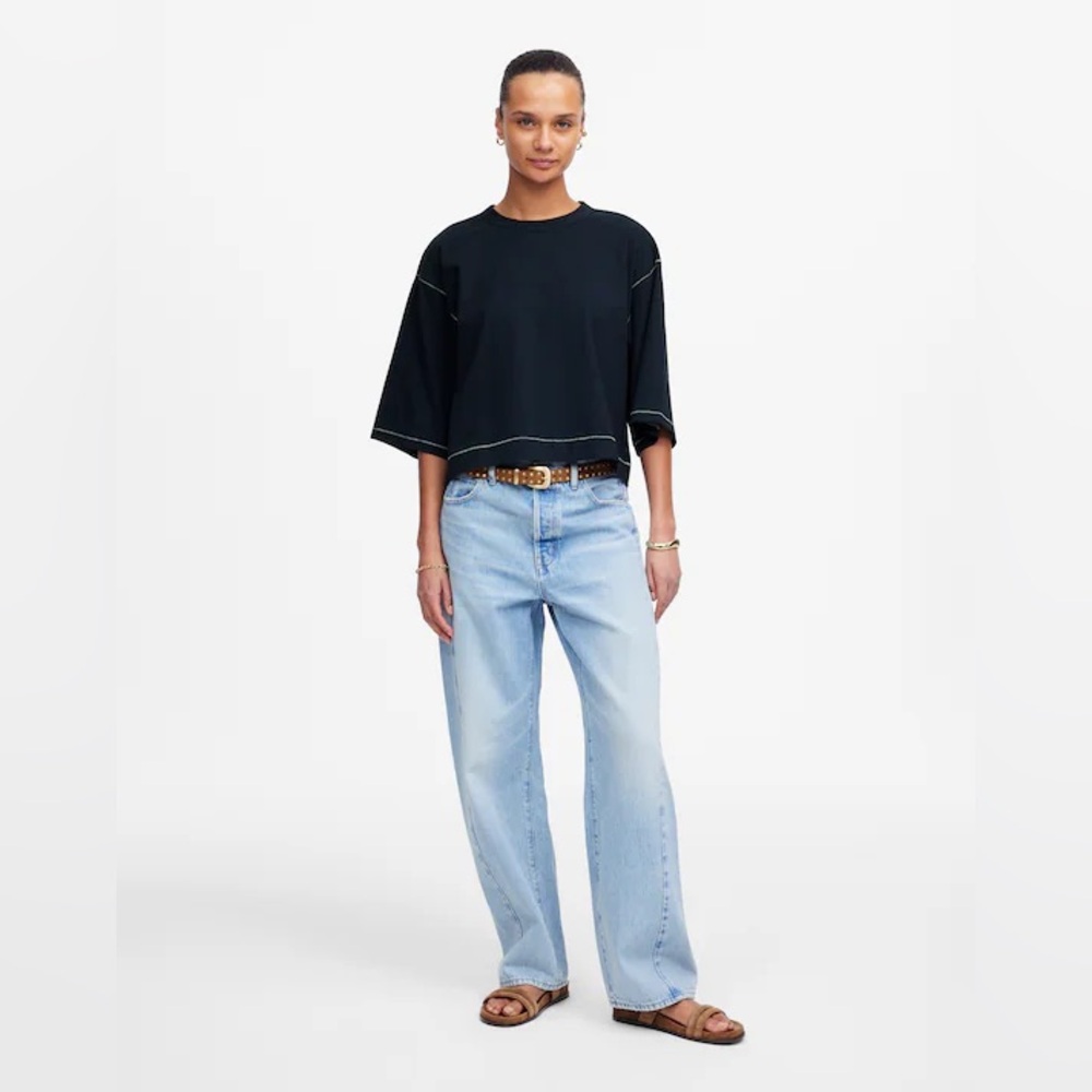 Madewell navy with white stitch box Tee NWT Wide Sleeve Top